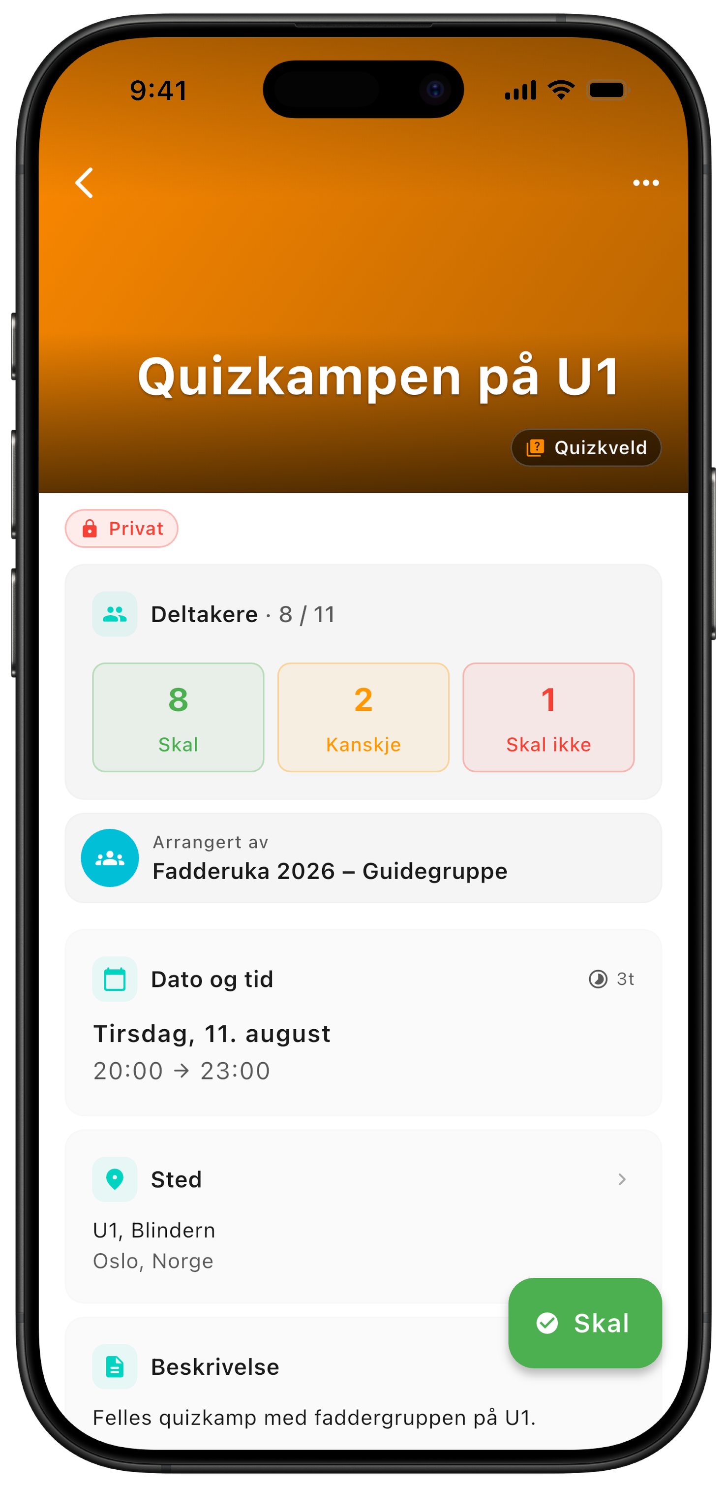 Detaljside med info, svarstatus og oppdateringer