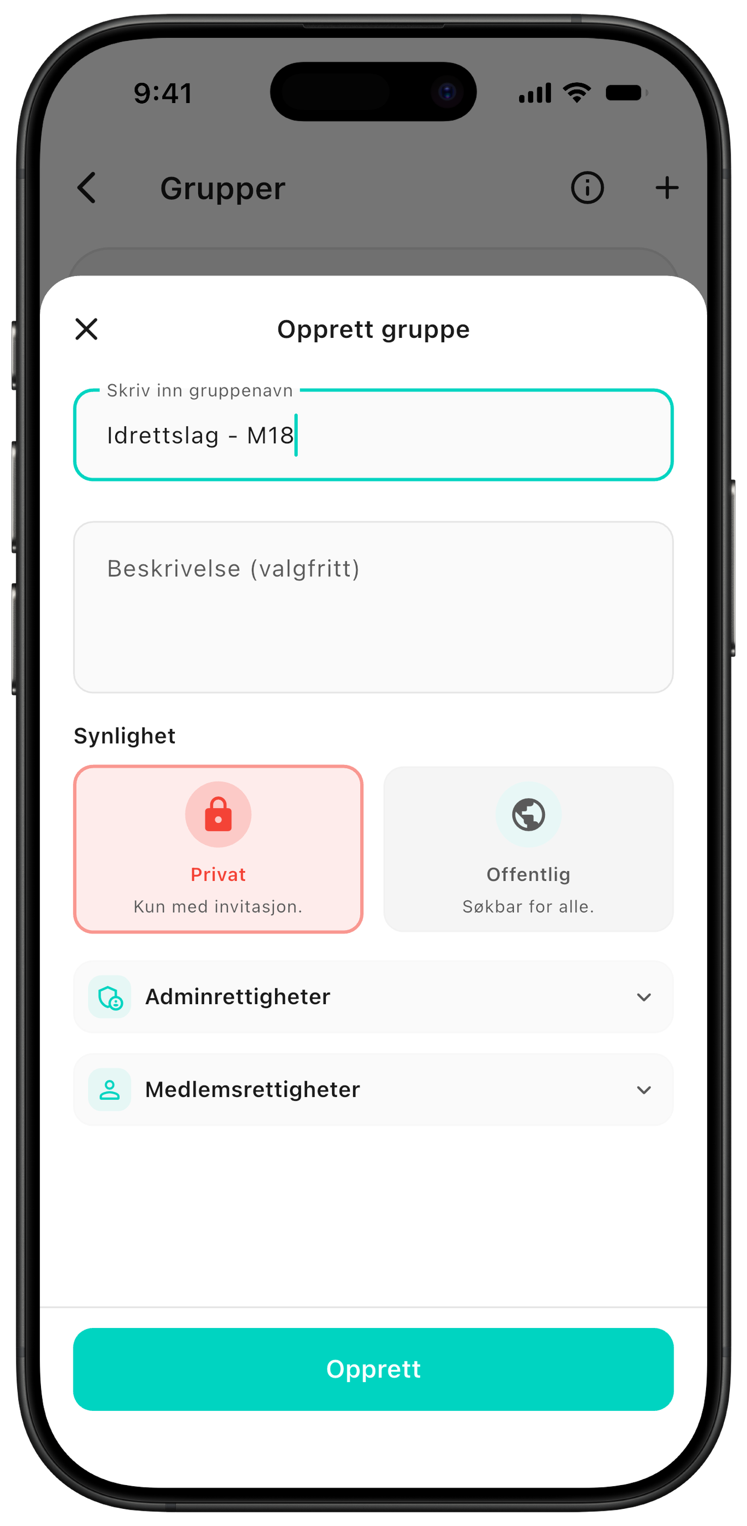 Opprett en privat gruppe for laget